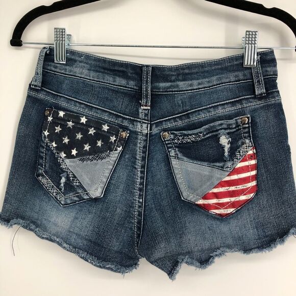 RUE21‎ USA Patriotic High Rise Cut Off Denim Shorts Patchwork Pockets - Picture 1 of 13
